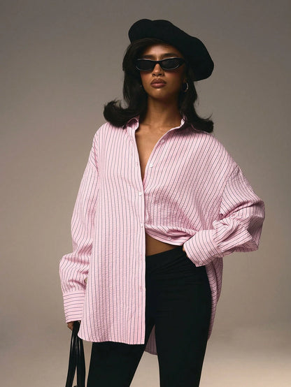 Athîral Women's Front Button Collar Long Sleeve Pink Striped Minimalist Blouse Valentine's Day Blue
