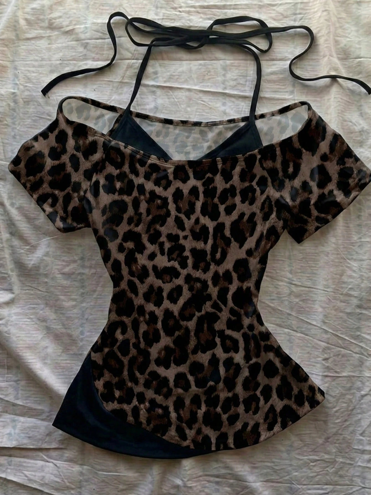 Attitoon Brown Leopard Print Contrast Black T-Shirt,Brown Checkered,Summer,Chic,Club,Vintage Y2K Coconut Girl Boho Music Festival Minimalist Retro Style
