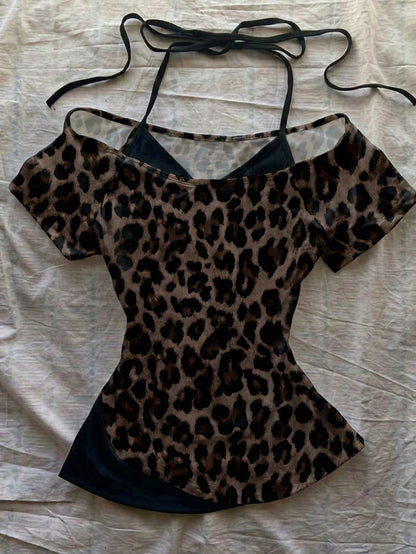 Attitoon Brown Leopard Print Contrast Black T-Shirt,Brown Checkered,Summer,Chic,Club,Vintage Y2K Coconut Girl Boho Music Festival Minimalist Retro Style