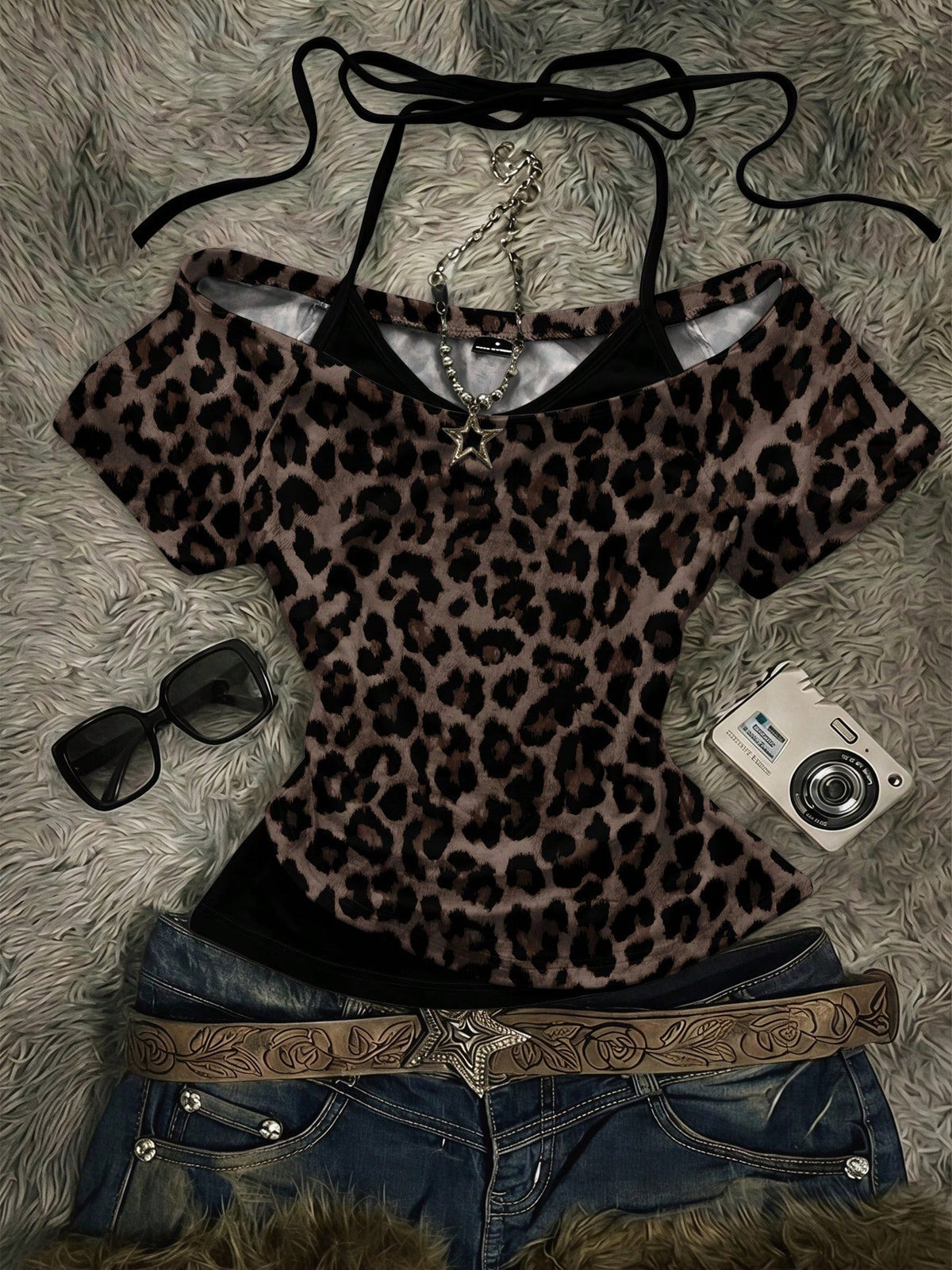 Attitoon Brown Leopard Print Contrast Black T-Shirt,Brown Checkered,Summer,Chic,Club,Vintage Y2K Coconut Girl Boho Music Festival Minimalist Retro Style