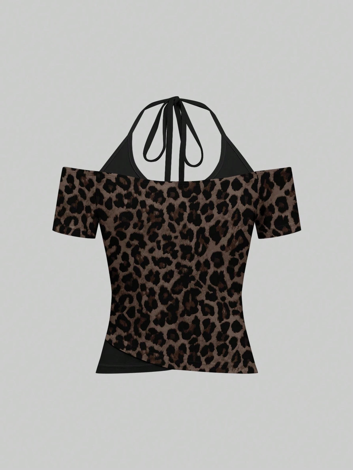 Attitoon Brown Leopard Print Contrast Black T-Shirt,Brown Checkered,Summer,Chic,Club,Vintage Y2K Coconut Girl Boho Music Festival Minimalist Retro Style