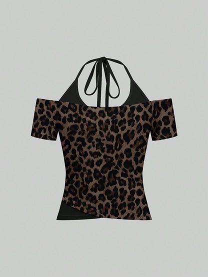 Attitoon Brown Leopard Print Contrast Black T-Shirt,Brown Checkered,Summer,Chic,Club,Vintage Y2K Coconut Girl Boho Music Festival Minimalist Retro Style