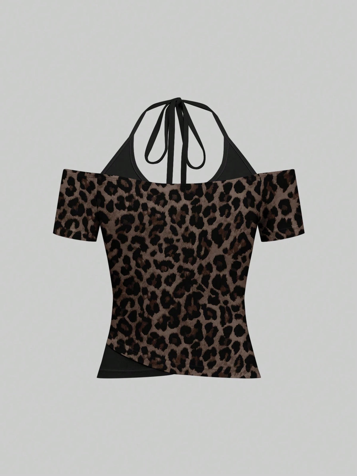 Attitoon Brown Leopard Print Contrast Black T-Shirt,Brown Checkered,Summer,Chic,Club,Vintage Y2K Coconut Girl Boho Music Festival Minimalist Retro Style