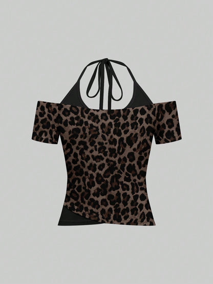 Attitoon Brown Leopard Print Contrast Black T-Shirt,Brown Checkered,Summer,Chic,Club,Vintage Y2K Coconut Girl Boho Music Festival Minimalist Retro Style