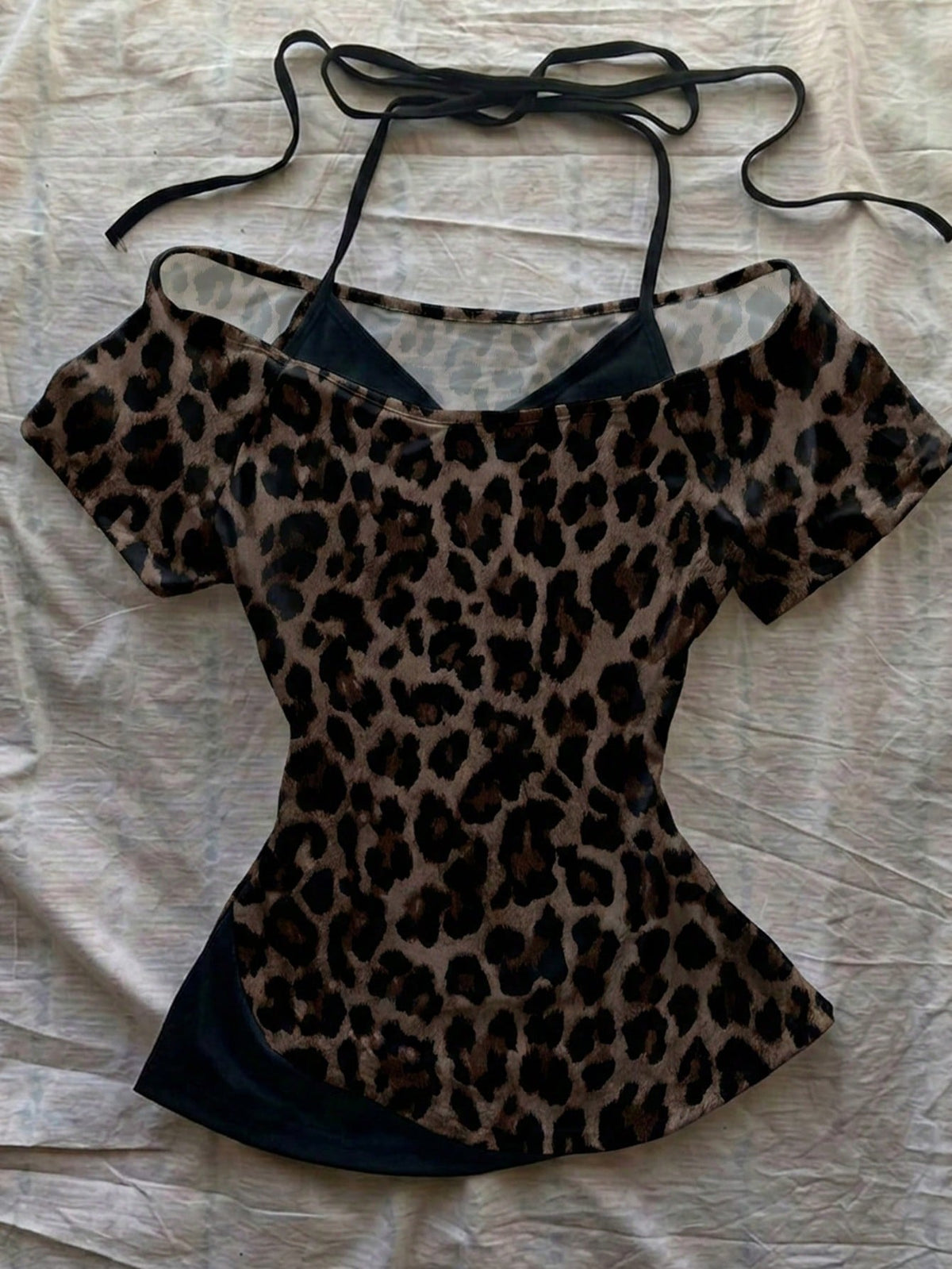 Attitoon Brown Leopard Print Contrast Black T-Shirt,Brown Checkered,Summer,Chic,Club,Vintage Y2K Coconut Girl Boho Music Festival Minimalist Retro Style
