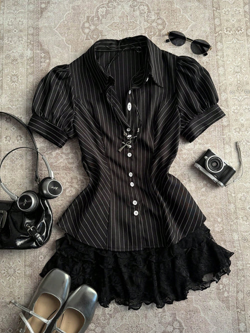 Attitoon Casual Retro Punk Y2K Chic Black And White Striped Women Shirt,Summer Office Versatile Stand Collar Button Puff Sleeve Fitted Top For Outings