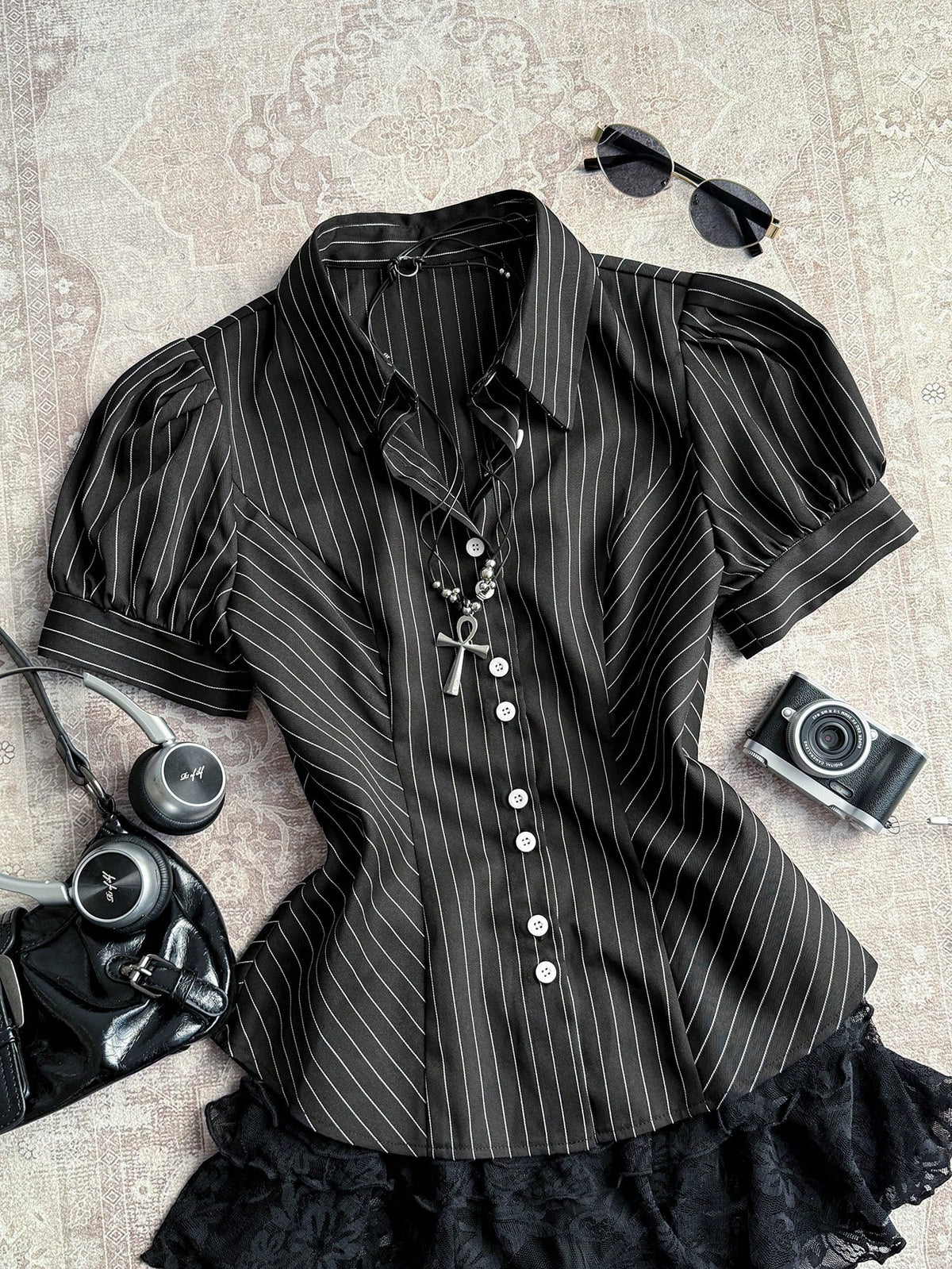 Attitoon Casual Retro Punk Y2K Chic Black And White Striped Women Shirt,Summer Office Versatile Stand Collar Button Puff Sleeve Fitted Top For Outings