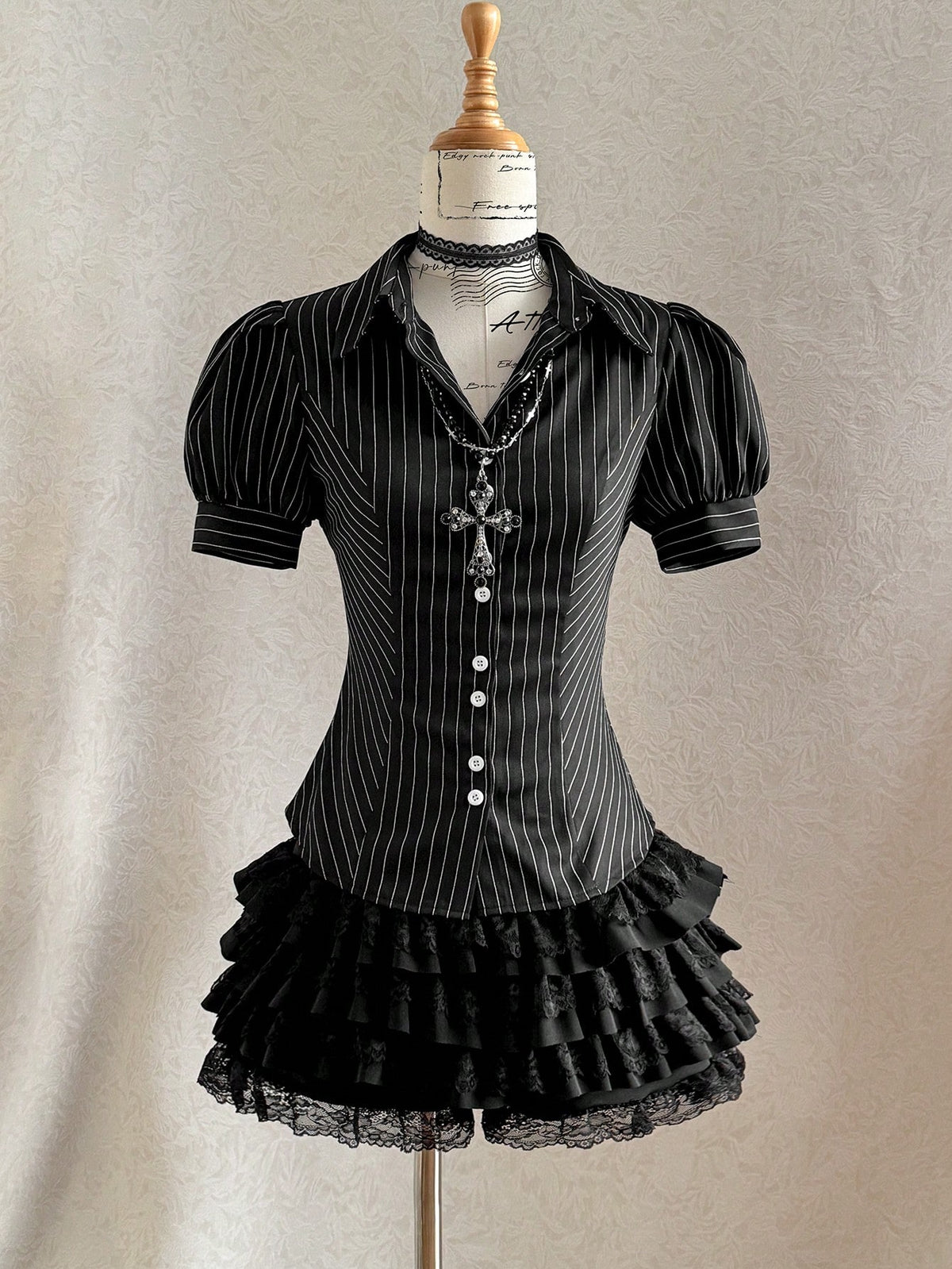 Attitoon Casual Retro Punk Y2K Chic Black And White Striped Women Shirt,Summer Office Versatile Stand Collar Button Puff Sleeve Fitted Top For Outings