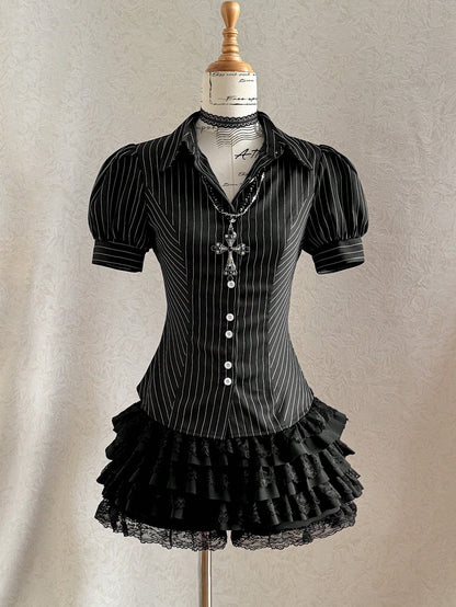 Attitoon Casual Retro Punk Y2K Chic Black And White Striped Women Shirt,Summer Office Versatile Stand Collar Button Puff Sleeve Fitted Top For Outings