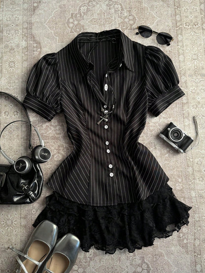 Attitoon Casual Retro Punk Y2K Chic Black And White Striped Women Shirt,Summer Office Versatile Stand Collar Button Puff Sleeve Fitted Top For Outings