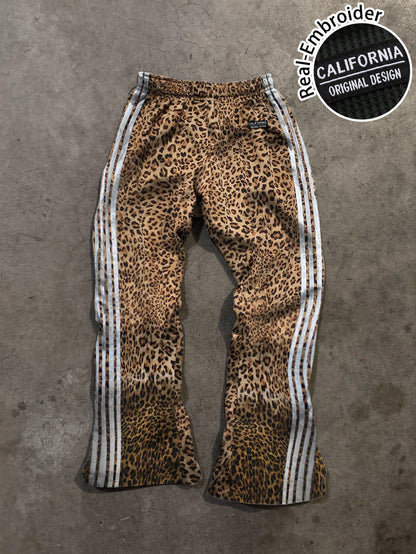 Attitoon Retro White Leopard Print Low-Waist Wide-Leg Pants For Women,Summer Punk Date Embroidered Patch Striped Casual Sports Style,Y2K Vintage Boho
