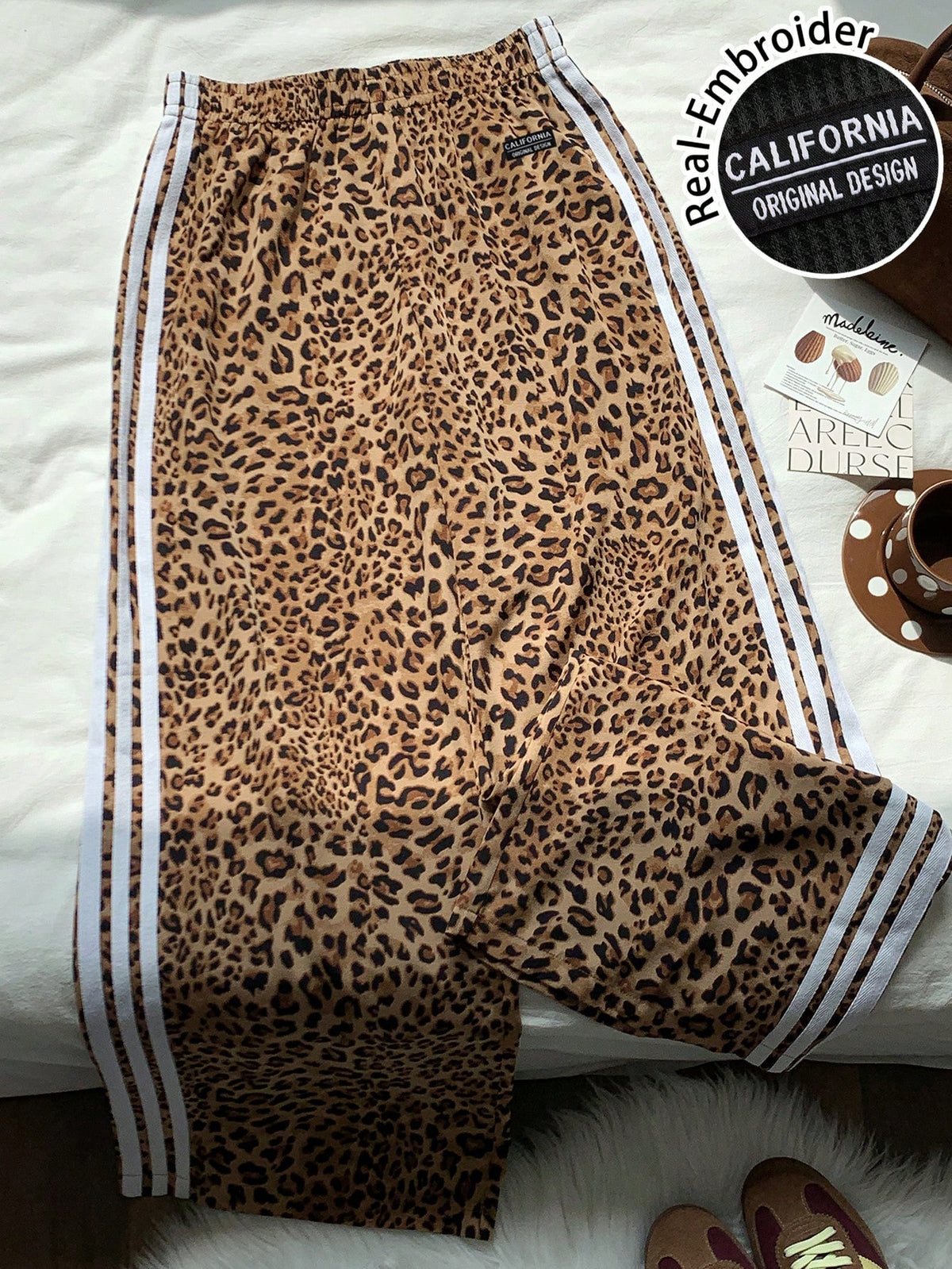 Attitoon Retro White Leopard Print Low-Waist Wide-Leg Pants For Women,Summer Punk Date Embroidered Patch Striped Casual Sports Style,Y2K Vintage Boho