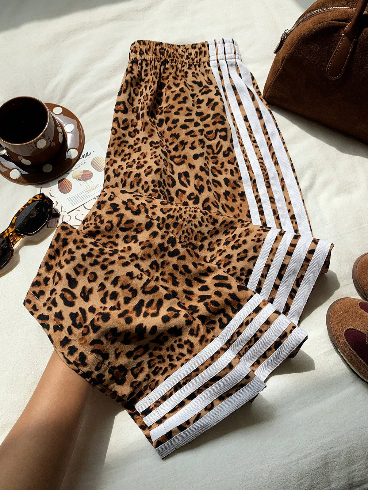 Attitoon Retro White Leopard Print Low-Waist Wide-Leg Pants For Women,Summer Punk Date Embroidered Patch Striped Casual Sports Style,Y2K Vintage Boho