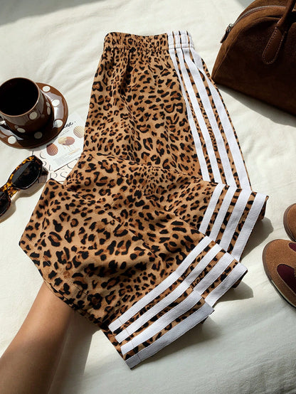 Attitoon Retro White Leopard Print Low-Waist Wide-Leg Pants For Women,Summer Punk Date Embroidered Patch Striped Casual Sports Style,Y2K Vintage Boho