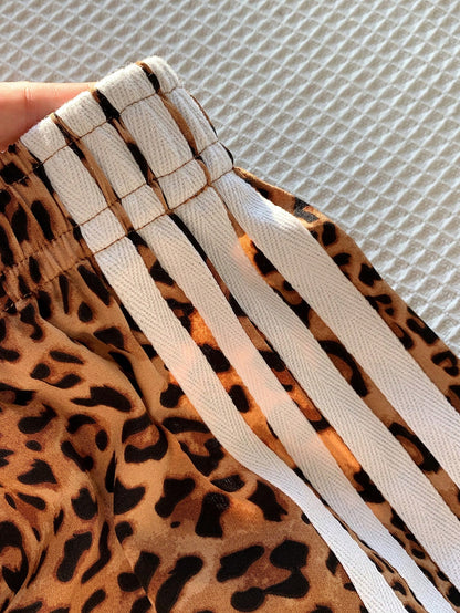 Attitoon Retro White Leopard Print Low-Waist Wide-Leg Pants For Women,Summer Punk Date Embroidered Patch Striped Casual Sports Style,Y2K Vintage Boho