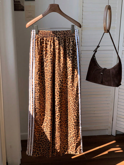 Attitoon Retro White Leopard Print Low-Waist Wide-Leg Pants For Women,Summer Punk Date Embroidered Patch Striped Casual Sports Style,Y2K Vintage Boho