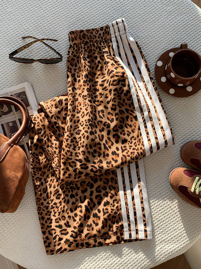 Attitoon Retro White Leopard Print Low-Waist Wide-Leg Pants For Women,Summer Punk Date Embroidered Patch Striped Casual Sports Style,Y2K Vintage Boho