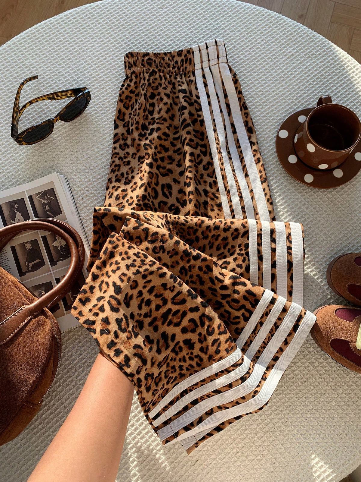 Attitoon Retro White Leopard Print Low-Waist Wide-Leg Pants For Women,Summer Punk Date Embroidered Patch Striped Casual Sports Style,Y2K Vintage Boho