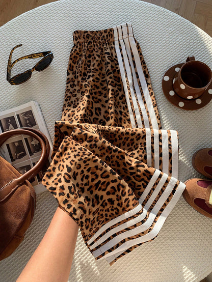 Attitoon Retro White Leopard Print Low-Waist Wide-Leg Pants For Women,Summer Punk Date Embroidered Patch Striped Casual Sports Style,Y2K Vintage Boho
