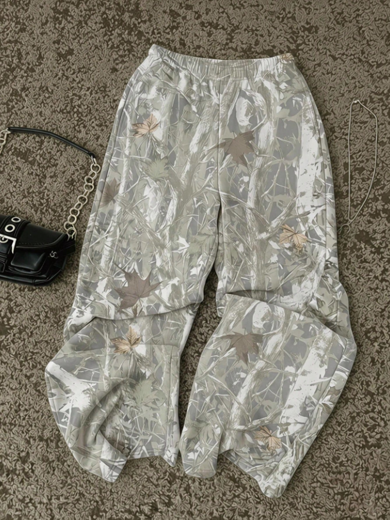 Attitoon Women's Casual Minimalist Sports Streetwear Versatile Party Airport Y2K Pants, Distressed Branch And Leaf Print Pattern Going Out Pants, Summer, Punk Style