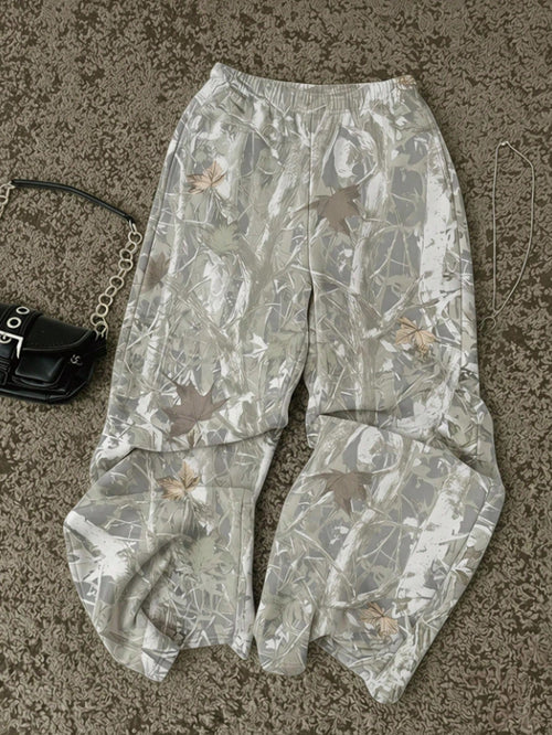 Attitoon Women's Casual Minimalist Sports Streetwear Versatile Party Airport Y2K Pants, Distressed Branch And Leaf Print Pattern Going Out Pants, Summer, Punk Style