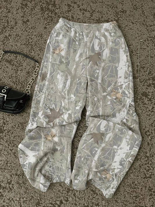 Attitoon Women's Casual Minimalist Sports Streetwear Versatile Party Airport Y2K Pants, Distressed Branch And Leaf Print Pattern Going Out Pants, Summer, Punk Style