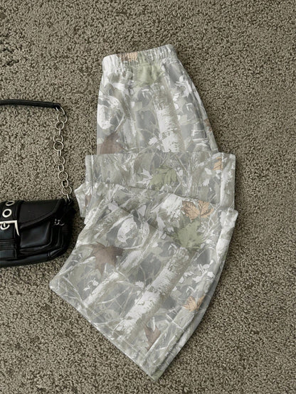 Attitoon Women's Casual Minimalist Sports Streetwear Versatile Party Airport Y2K Pants, Distressed Branch And Leaf Print Pattern Going Out Pants, Summer, Punk Style