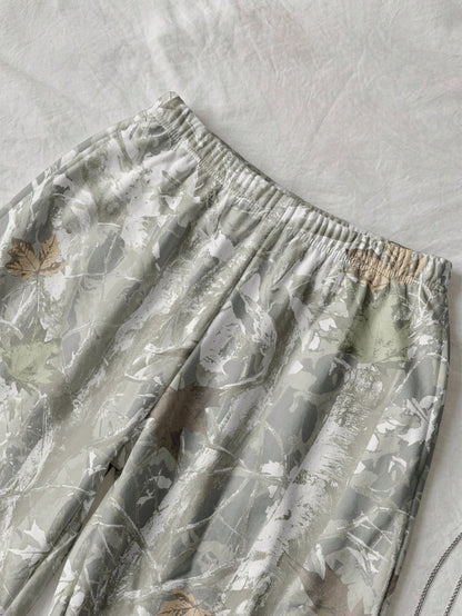 Attitoon Women's Casual Minimalist Sports Streetwear Versatile Party Airport Y2K Pants, Distressed Branch And Leaf Print Pattern Going Out Pants, Summer, Punk Style