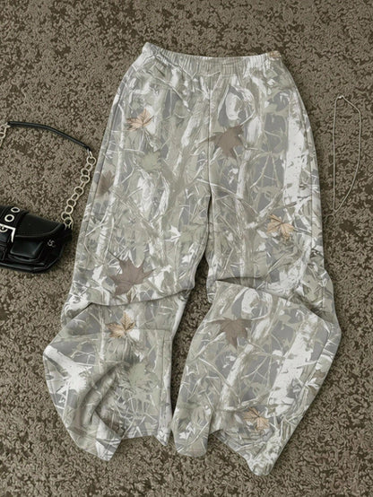 Attitoon Women's Casual Minimalist Sports Streetwear Versatile Party Airport Y2K Pants, Distressed Branch And Leaf Print Pattern Going Out Pants, Summer, Punk Style