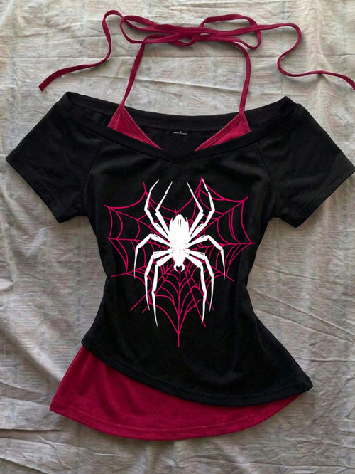 Attitoon Women's Casual Retro Colorblock 2 In 1 Spider Graphic V-Neck Halter Tie Short Sleeve T-Shirt, Suitable For Summer
