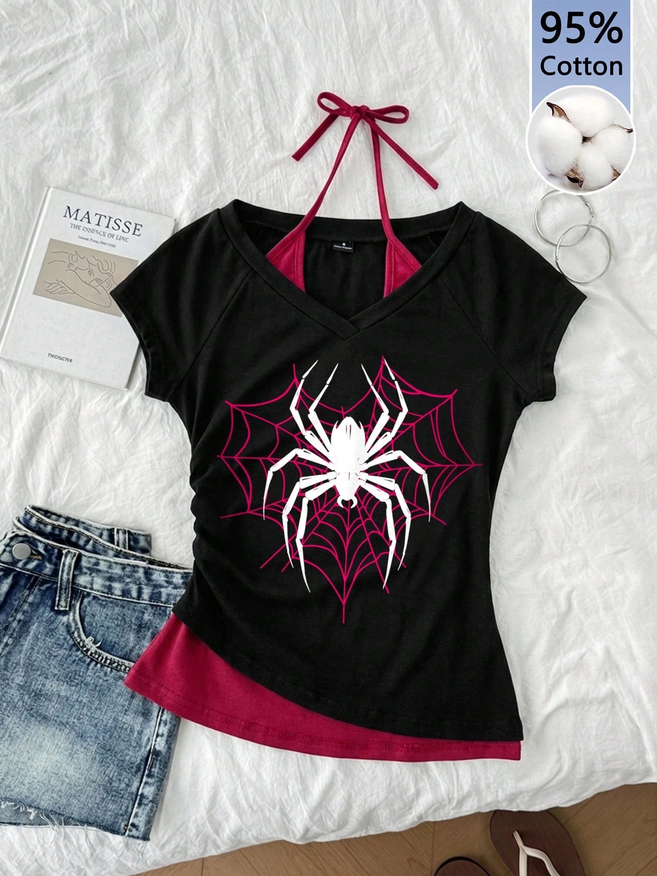 Attitoon Women's Casual Retro Colorblock 2 In 1 Spider Graphic V-Neck Halter Tie Short Sleeve T-Shirt, Suitable For Summer