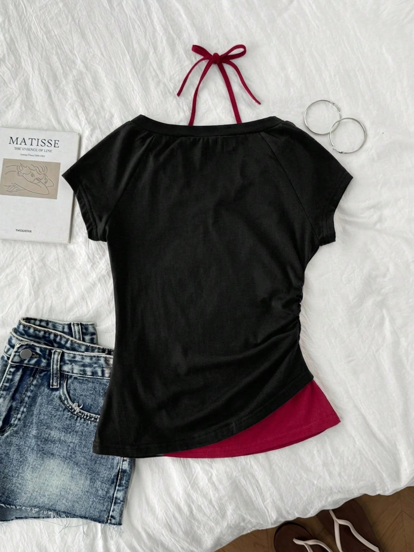 Attitoon Women's Casual Retro Colorblock 2 In 1 Spider Graphic V-Neck Halter Tie Short Sleeve T-Shirt, Suitable For Summer
