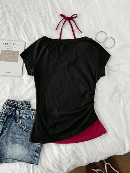 Attitoon Women's Casual Retro Colorblock 2 In 1 Spider Graphic V-Neck Halter Tie Short Sleeve T-Shirt, Suitable For Summer
