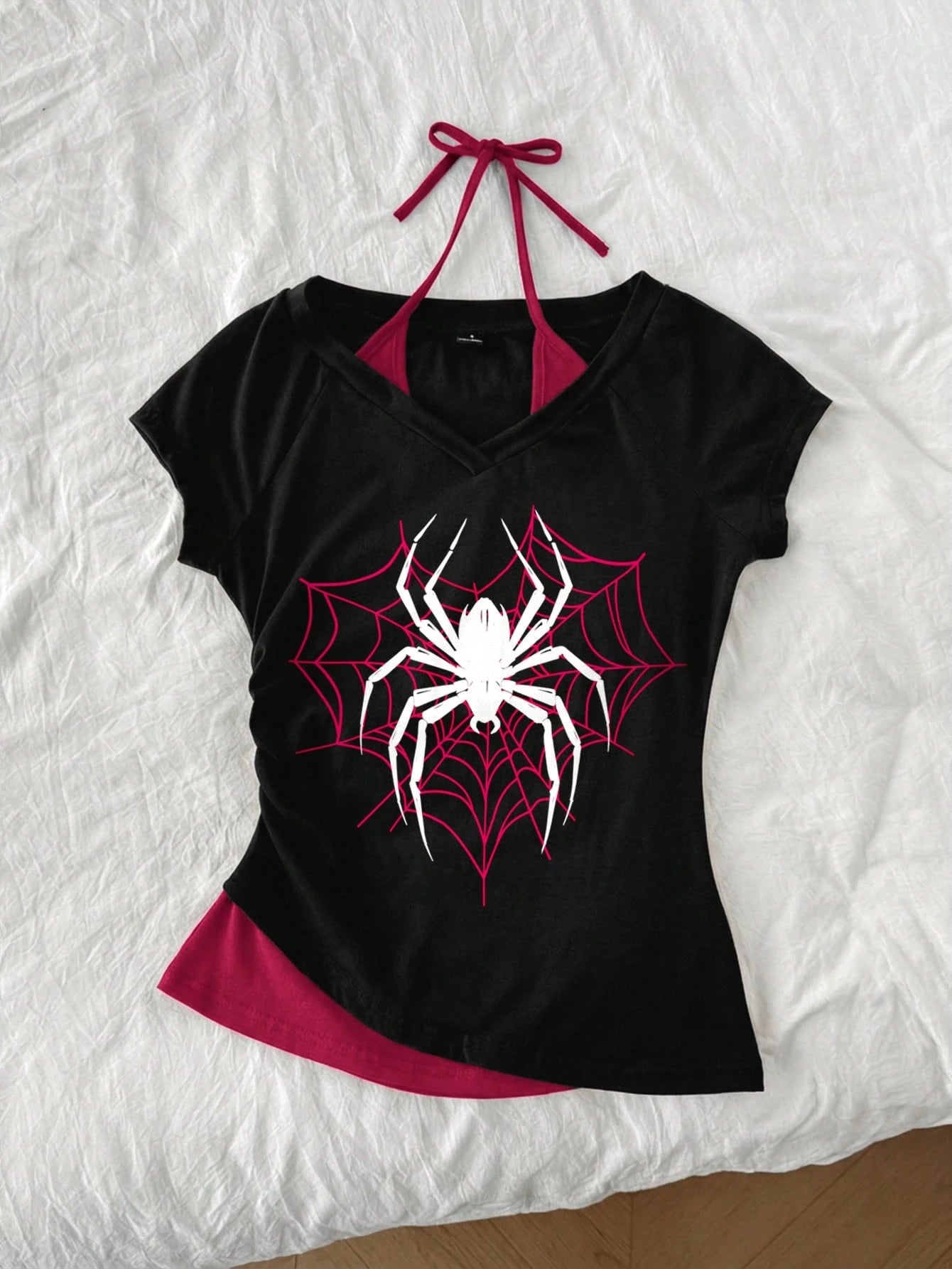 Attitoon Women's Casual Retro Colorblock 2 In 1 Spider Graphic V-Neck Halter Tie Short Sleeve T-Shirt, Suitable For Summer