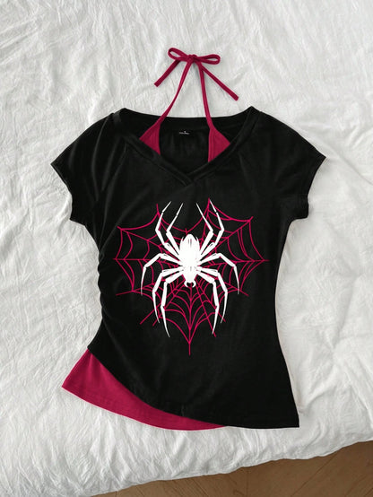 Attitoon Women's Casual Retro Colorblock 2 In 1 Spider Graphic V-Neck Halter Tie Short Sleeve T-Shirt, Suitable For Summer
