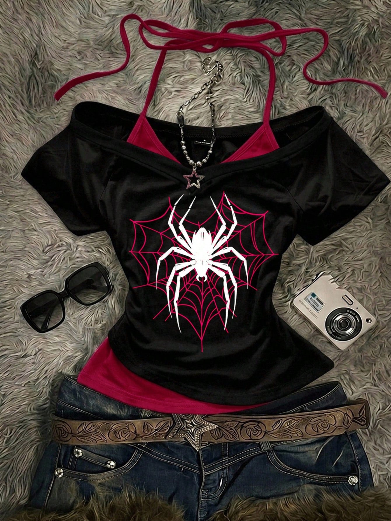 Attitoon Women's Casual Retro Colorblock 2 In 1 Spider Graphic V-Neck Halter Tie Short Sleeve T-Shirt, Suitable For Summer