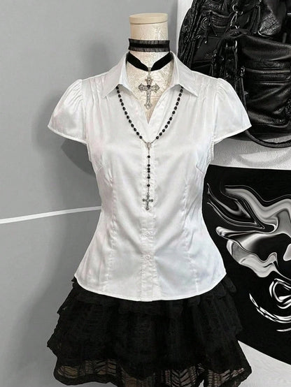 Attitoon Women's Spring/Summer Breathable Slim Fit Shirt, Short Sleeve Collared Button Down, Versatile Top