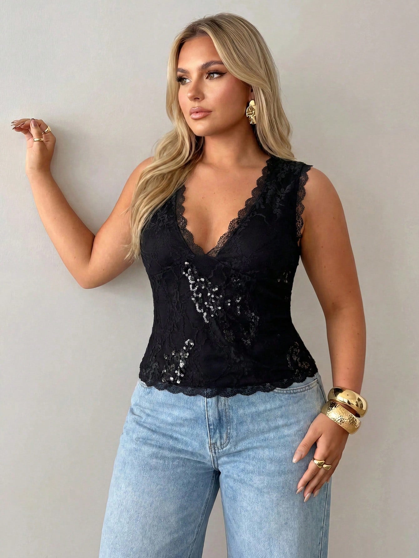 Auralis Plus Size Women's Lace Trim Sequin Casual Versatile Daily Wear Top