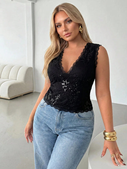 Auralis Plus Size Women's Lace Trim Sequin Casual Versatile Daily Wear Top