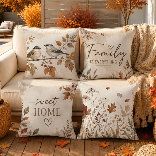 Autumn Vintage Bird Berry Dried Leaf Sweet Home Family Theme Cushion Cover 4pcs Set, Single-Sided Printed Peach Skin Velvet Polyester Material, 45*45CM Pillowcase For Modern Fabric Sofa Indoor Decorat