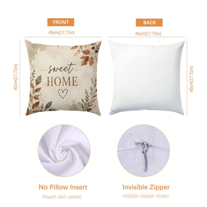 Autumn Vintage Bird Berry Dried Leaf Sweet Home Family Theme Cushion Cover 4pcs Set, Single-Sided Printed Peach Skin Velvet Polyester Material, 45*45CM Pillowcase For Modern Fabric Sofa Indoor Decorat