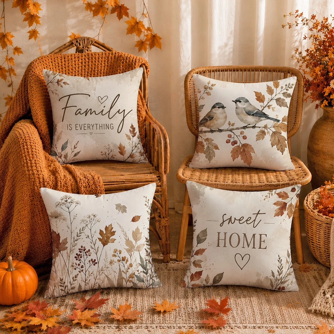 Autumn Vintage Bird Berry Dried Leaf Sweet Home Family Theme Cushion Cover 4pcs Set, Single-Sided Printed Peach Skin Velvet Polyester Material, 45*45CM Pillowcase For Modern Fabric Sofa Indoor Decorat