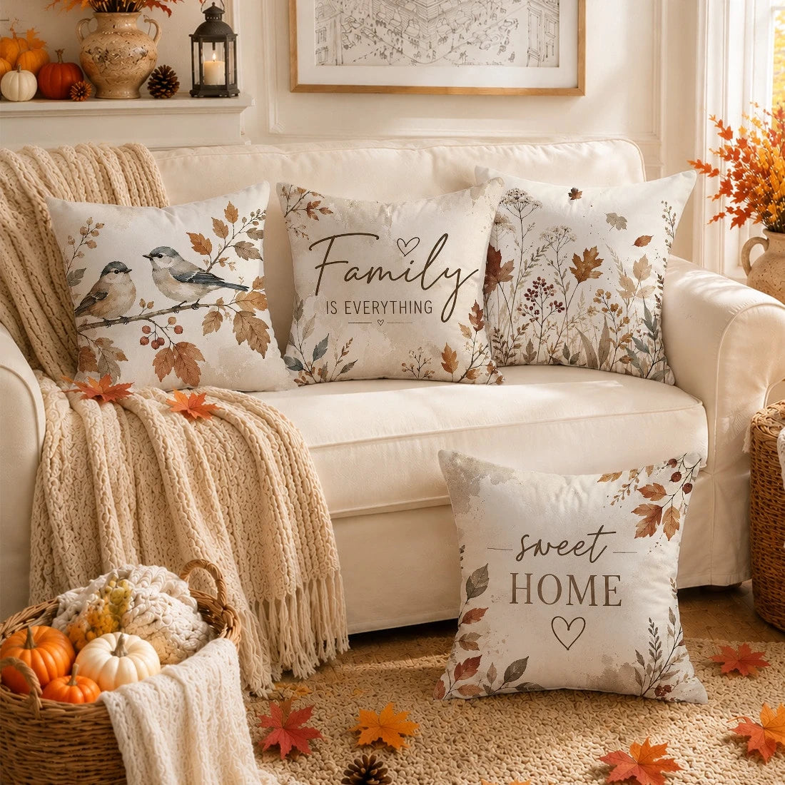 Autumn Vintage Bird Berry Dried Leaf Sweet Home Family Theme Cushion Cover 4pcs Set, Single-Sided Printed Peach Skin Velvet Polyester Material, 45*45CM Pillowcase For Modern Fabric Sofa Indoor Decorat