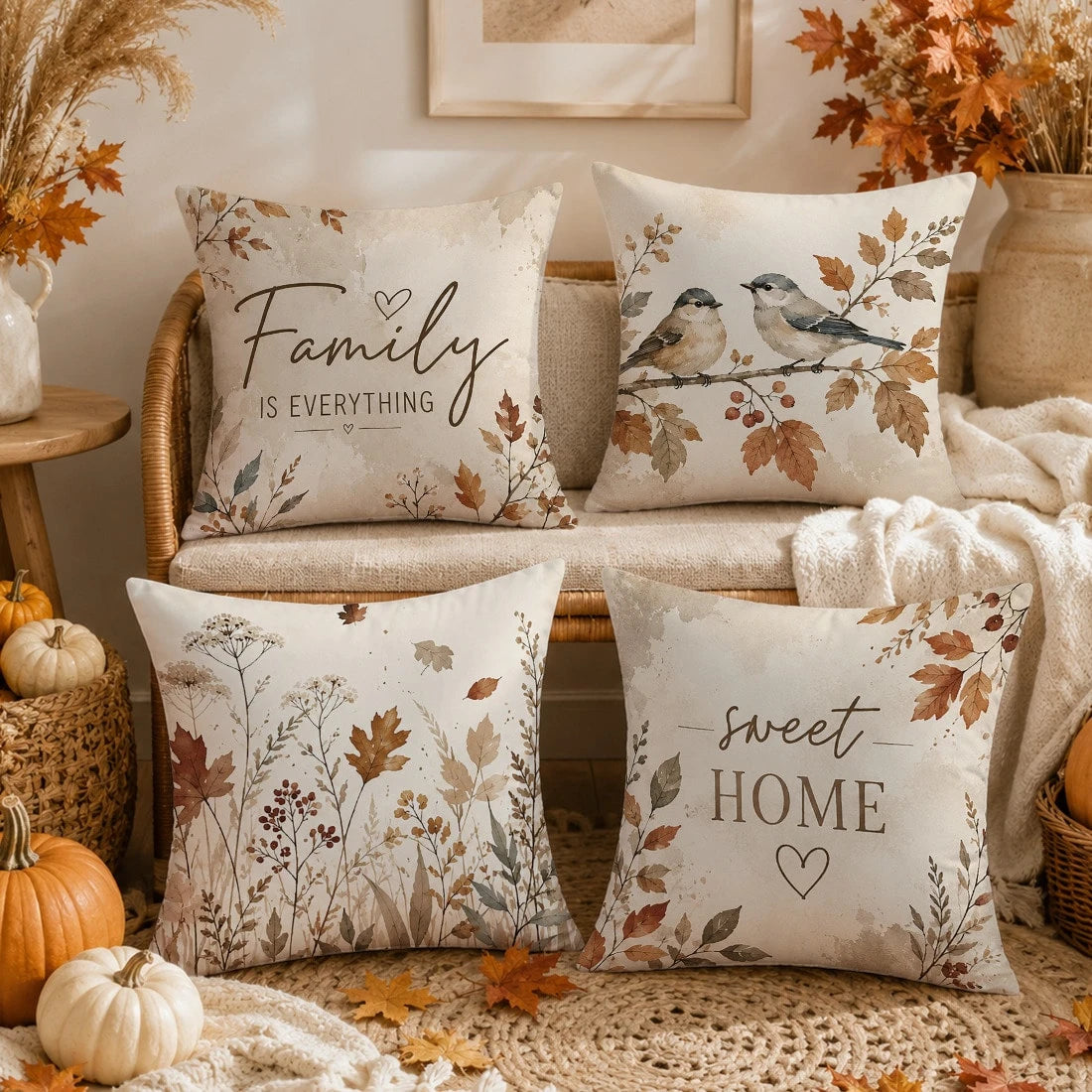 Autumn Vintage Bird Berry Dried Leaf Sweet Home Family Theme Cushion Cover 4pcs Set, Single-Sided Printed Peach Skin Velvet Polyester Material, 45*45CM Pillowcase For Modern Fabric Sofa Indoor Decorat