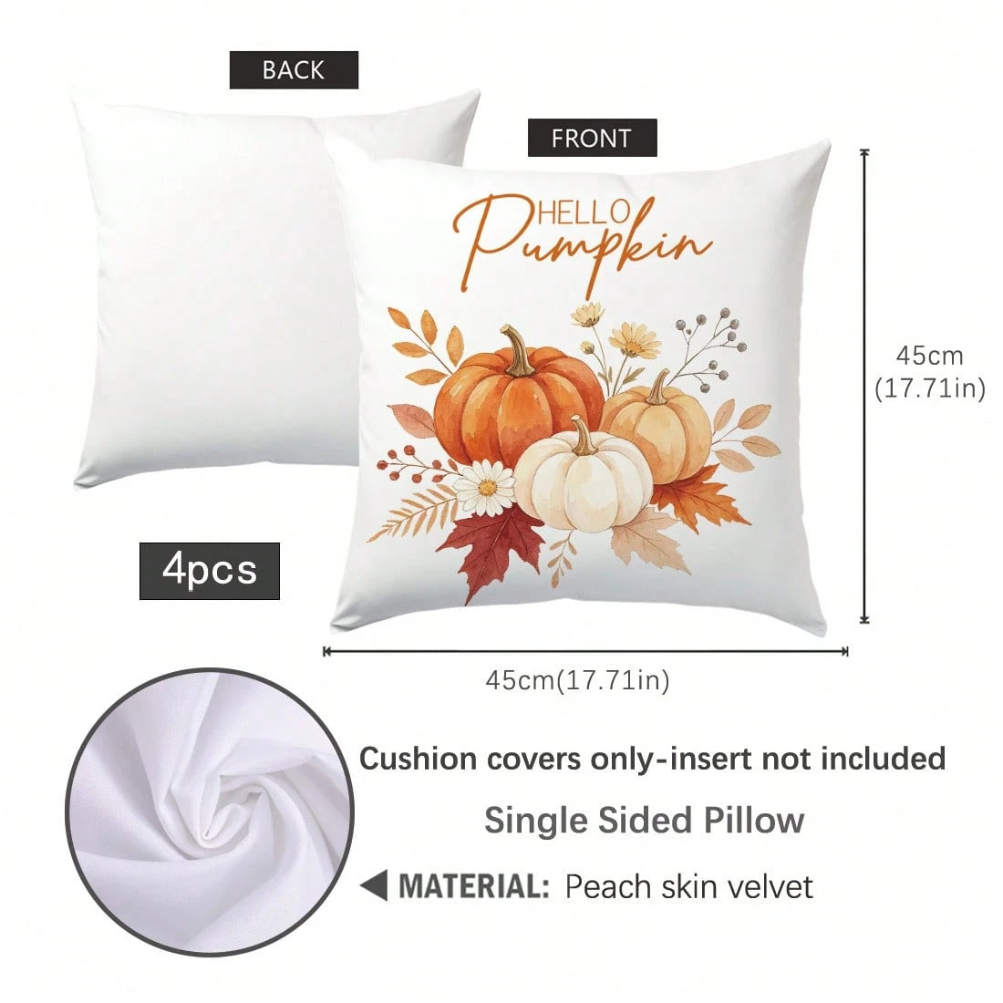 Autumn Watercolor Plant & Pumpkin With Text Cushion Cover 4-Piece Set, Single-Sided Print Skin-Friendly Peach Skin Velvet Material, 45*45CM Pillow Covers Suitable For Indoor Decor, Party Decoration, D