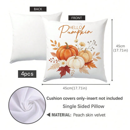 Autumn Watercolor Plant & Pumpkin With Text Cushion Cover 4-Piece Set, Single-Sided Print Skin-Friendly Peach Skin Velvet Material, 45*45CM Pillow Covers Suitable For Indoor Decor, Party Decoration, D