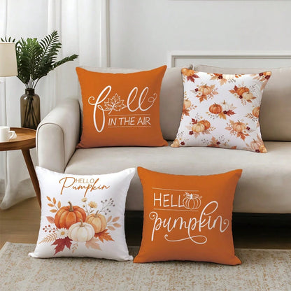 Autumn Watercolor Plant & Pumpkin With Text Cushion Cover 4-Piece Set, Single-Sided Print Skin-Friendly Peach Skin Velvet Material, 45*45CM Pillow Covers Suitable For Indoor Decor, Party Decoration, D