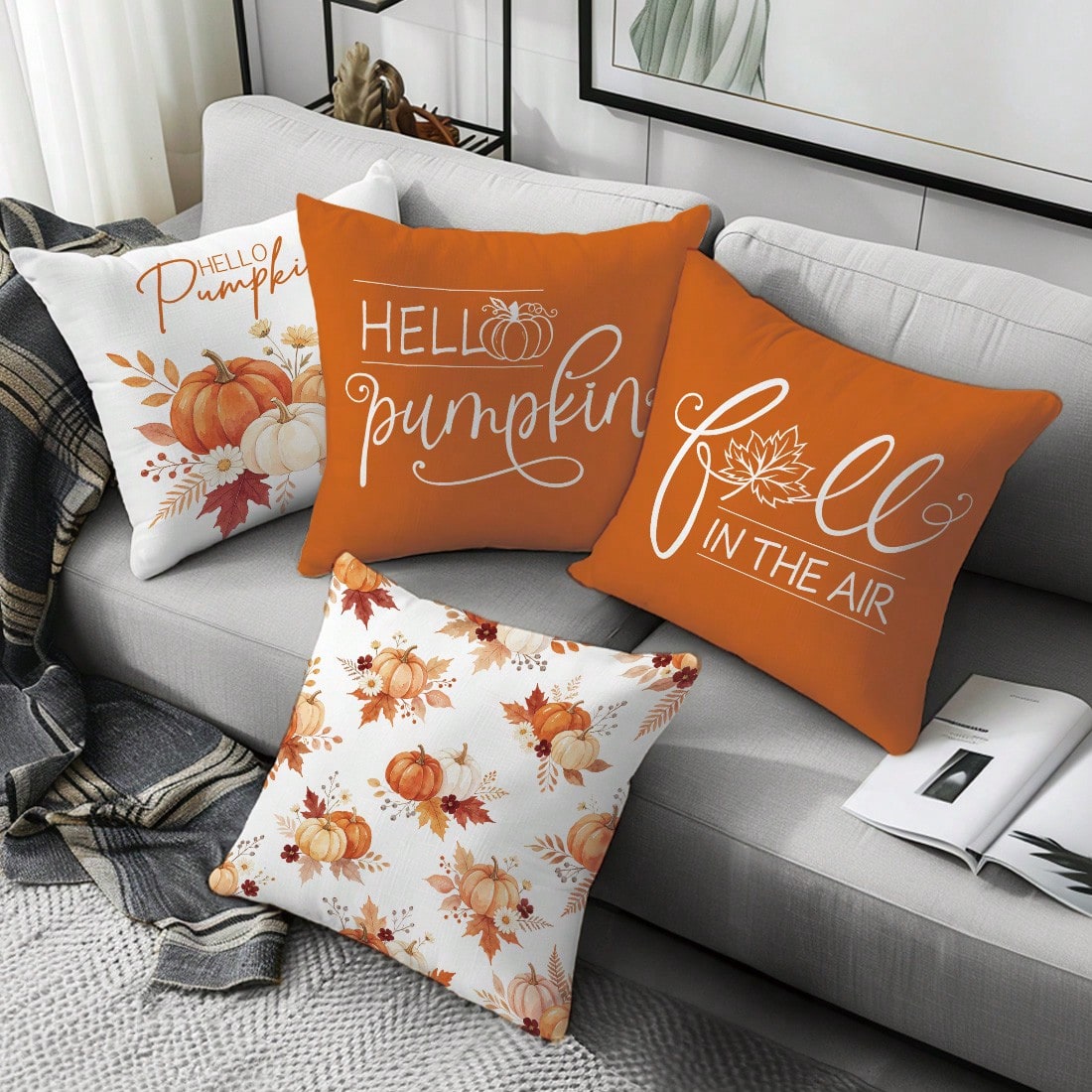 Autumn Watercolor Plant & Pumpkin With Text Cushion Cover 4-Piece Set, Single-Sided Print Skin-Friendly Peach Skin Velvet Material, 45*45CM Pillow Covers Suitable For Indoor Decor, Party Decoration, D