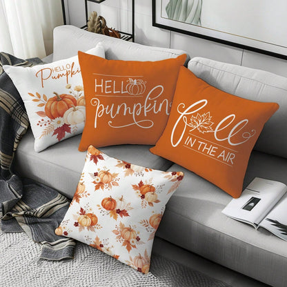 Autumn Watercolor Plant & Pumpkin With Text Cushion Cover 4-Piece Set, Single-Sided Print Skin-Friendly Peach Skin Velvet Material, 45*45CM Pillow Covers Suitable For Indoor Decor, Party Decoration, D