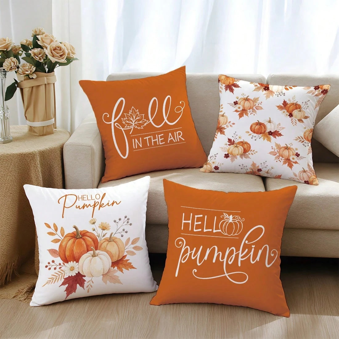 Autumn Watercolor Plant & Pumpkin With Text Cushion Cover 4-Piece Set, Single-Sided Print Skin-Friendly Peach Skin Velvet Material, 45*45CM Pillow Covers Suitable For Indoor Decor, Party Decoration, D